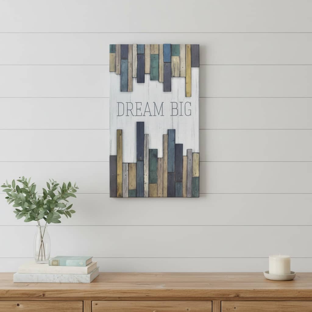 HomeRoots 32" X 19" Blue Tan And White Dream Big Wood Wall Decor