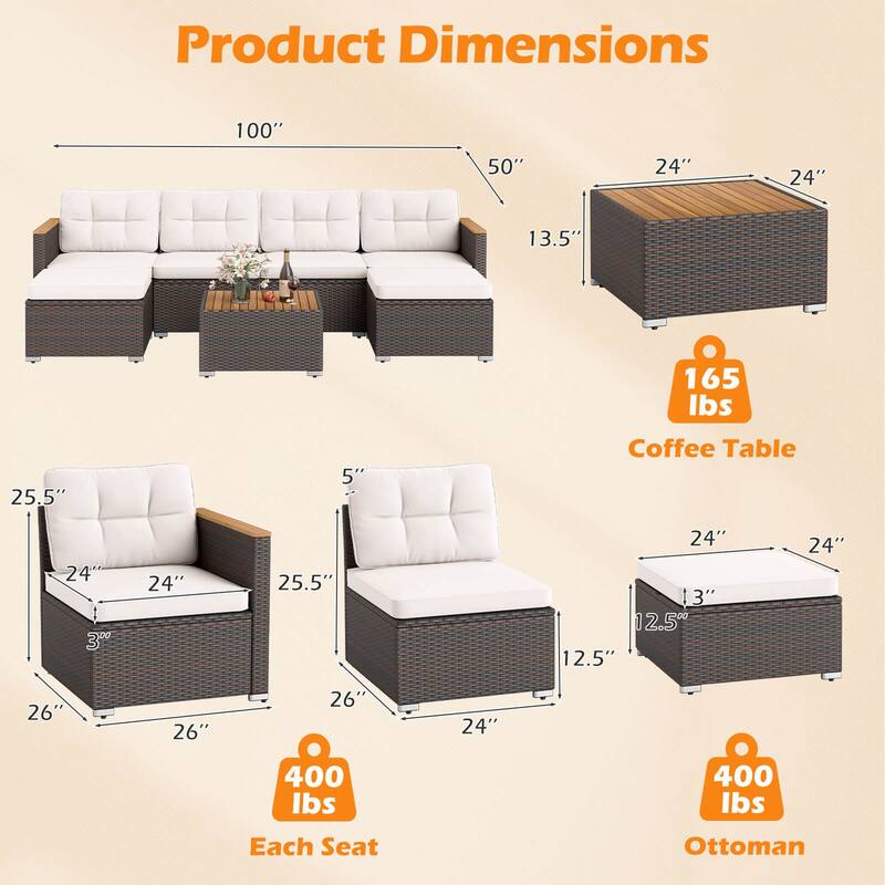 Costway 7 PCS Wicker Conversation Set with Seat & Back Cushions Wood - See Details