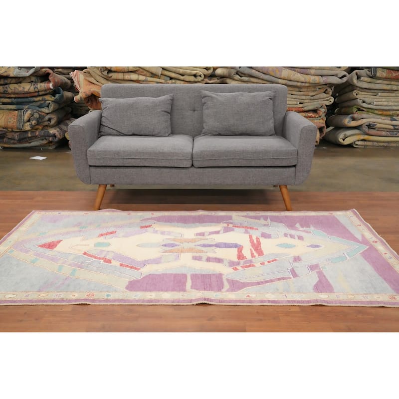 Hand Knotted Oriental 100% Wool Carpet Transitional Geometric Purples Oushak Area Rug - 7' 4'' X 4' 2''