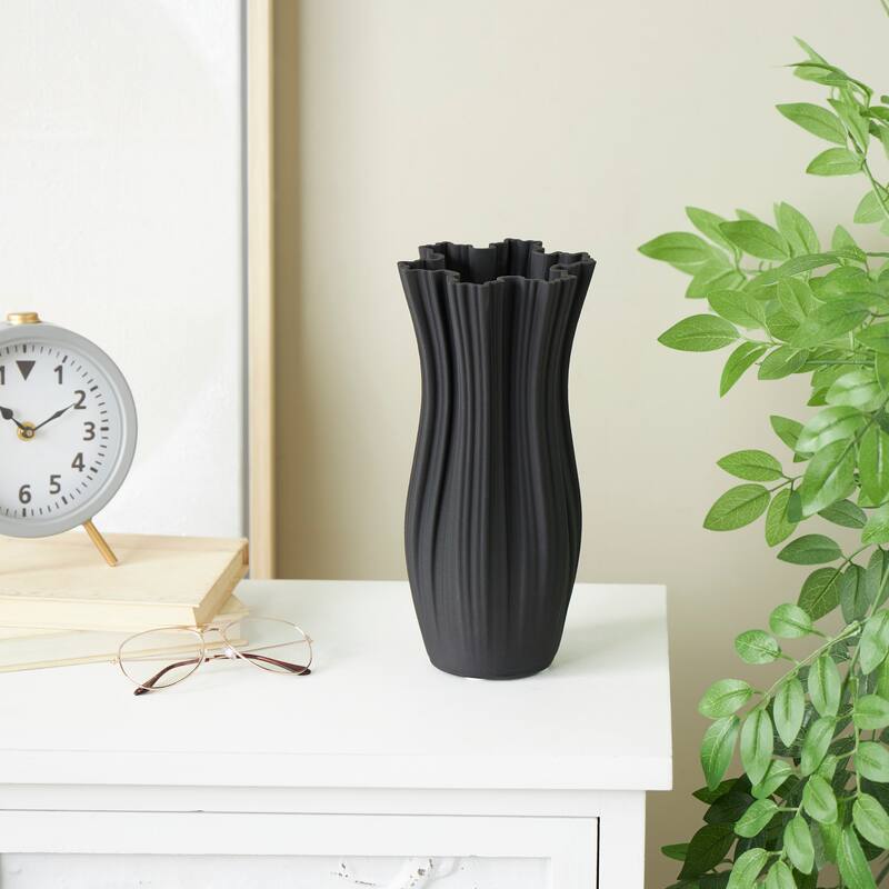 Black Ceramic Ribbed Tulip Inspired Abstract Vase with Floral Shaped Rim - Black -  5"W, 11"H