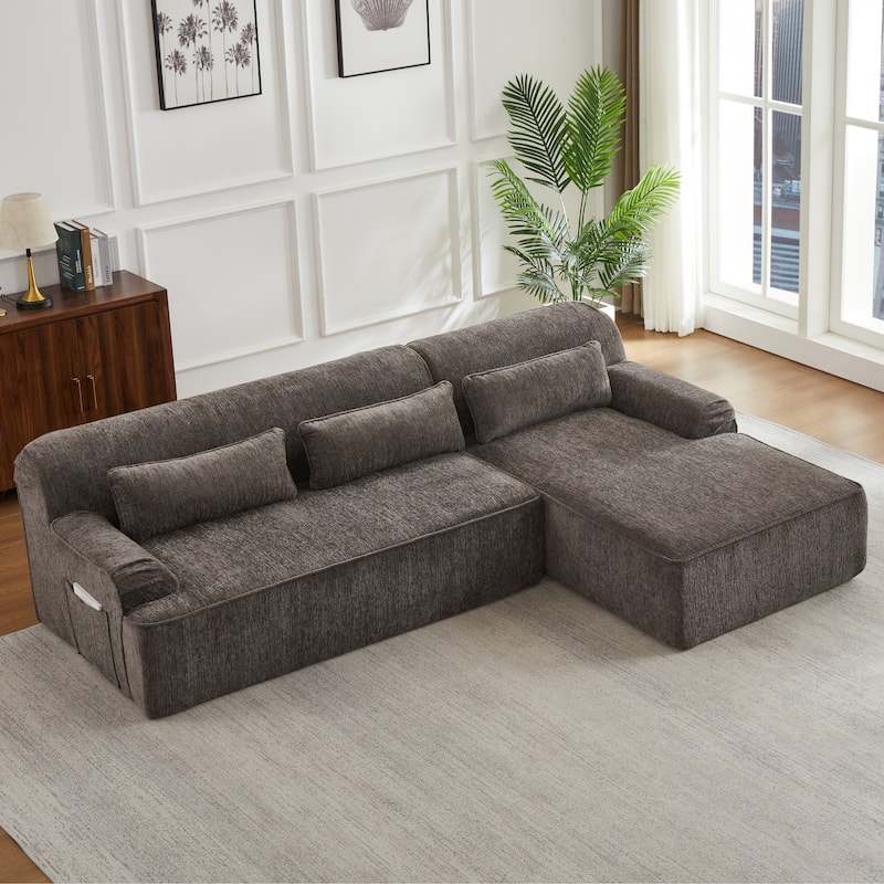 Floor Standing Chenille L-shape Chaise Sectional Sofa with Side Pocket
