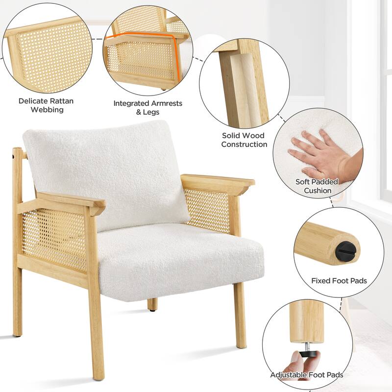 Yaheetech Upholstered Accent Chair Boucle Lounge Chair with Rattan Back and Sides