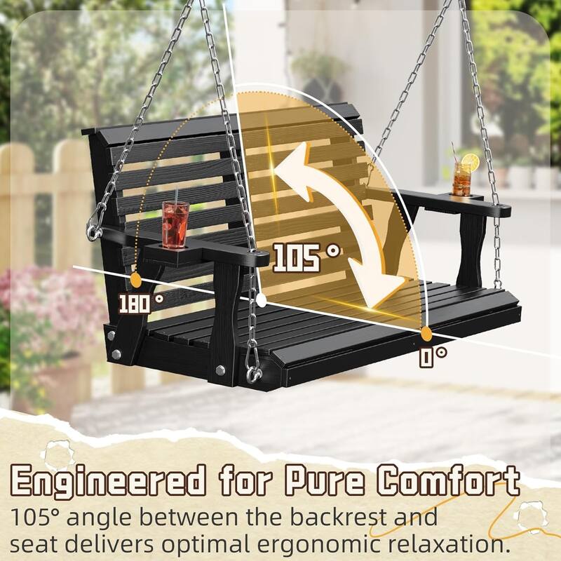 2-Seat Outdoor Wooden Porch Swing Bench with Hanging Chains & Wide Armrests & Cup Holder
