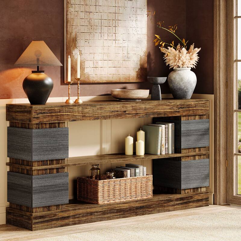 63'' Wood Farmhouse Console Table with Storage Shelves for Entryway