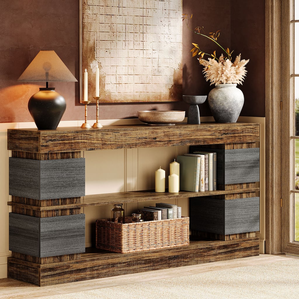 63'' Wood Farmhouse Sofa Console Table with Storage Shelves for Entryway