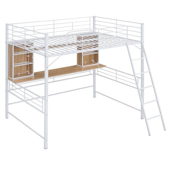slide 2 of 11, Full Size Metal Loft Bed with Desk Desk and Shelf, White White - Full