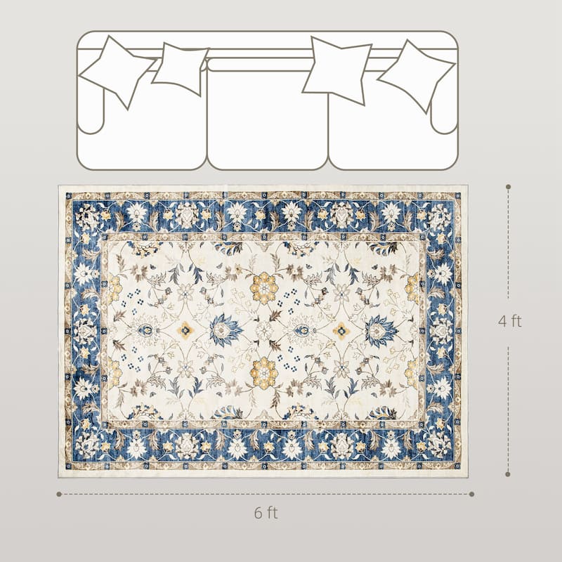 HOMCOM Area Rug 4x6, Machine Washable Rug, Non-Slip Boho Floral Print Floor Cover Foldable Carpet for Living Room - 3'6"