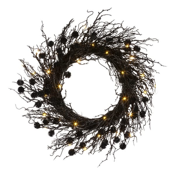 slide 2 of 3, National Tree Company 24" Artificial Deadwood Twig Wreath, 30 Orange LED Lights, Battery Operated - 2 ft