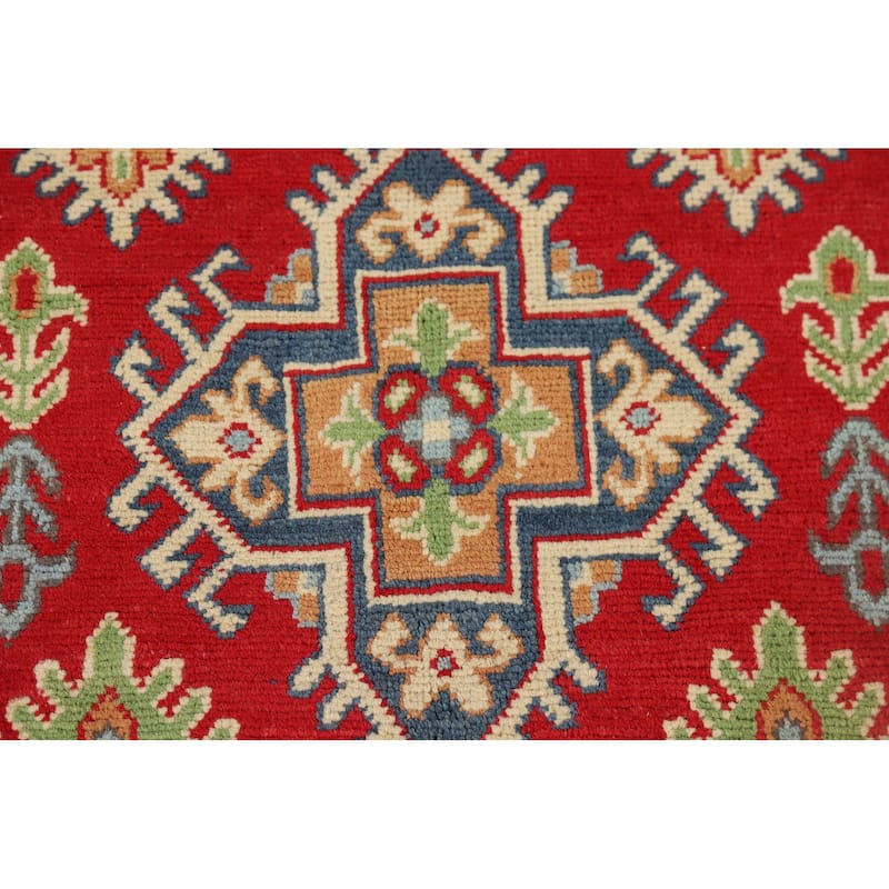 Geometric Red Kazak Accent Rug Hand-Knotted Wool Carpet - 3'2" x 4'11"