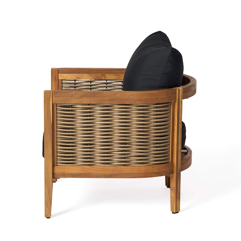 Burchett Outdoor Acacia Wood and Wicker 4 Seater Chat Set with Cushions by Christopher Knight Home