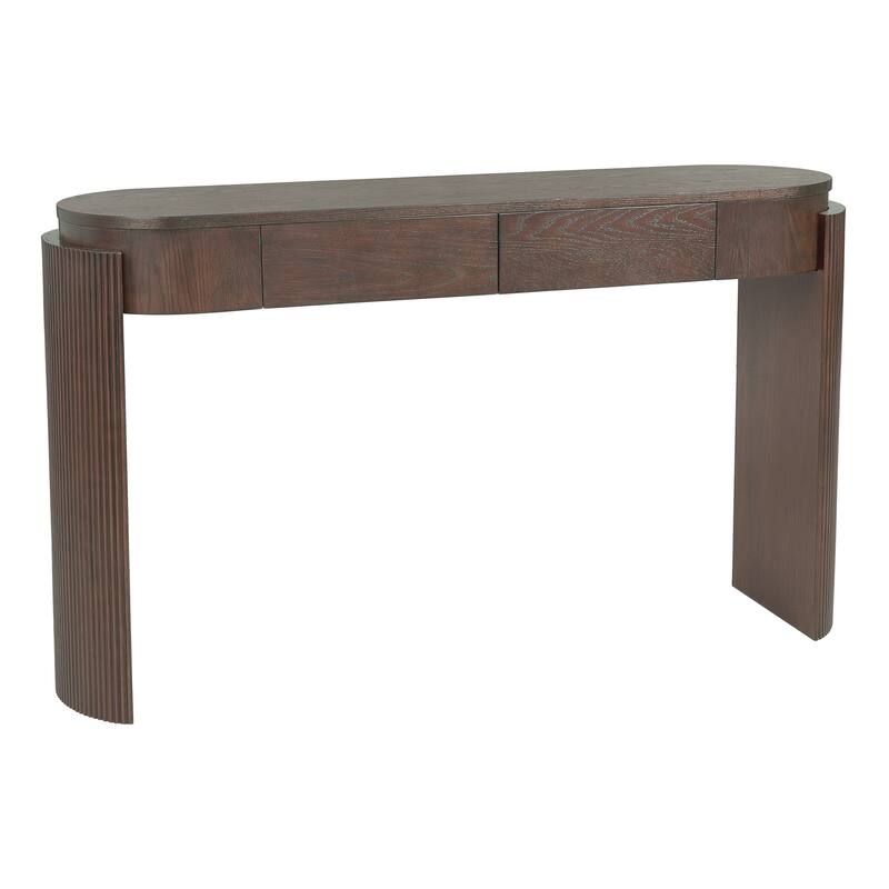 Entryway Table with Natural Wood Grain Finish, Console Table with Fluted Design, Oval Top and 2 Drawers
