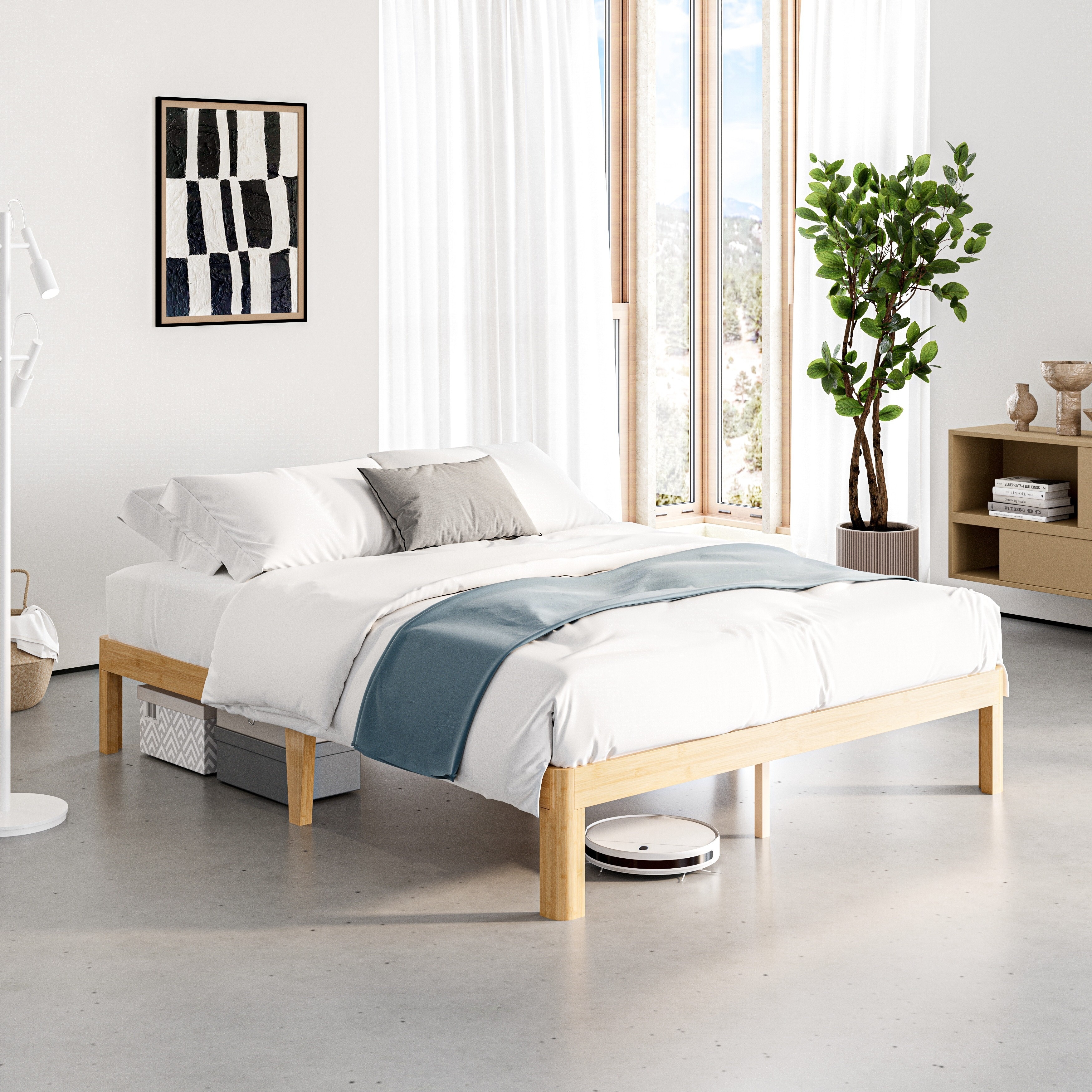 12 Inch Natural Bamboo Wood Bed Frame with Metal Slats, Solid Wood