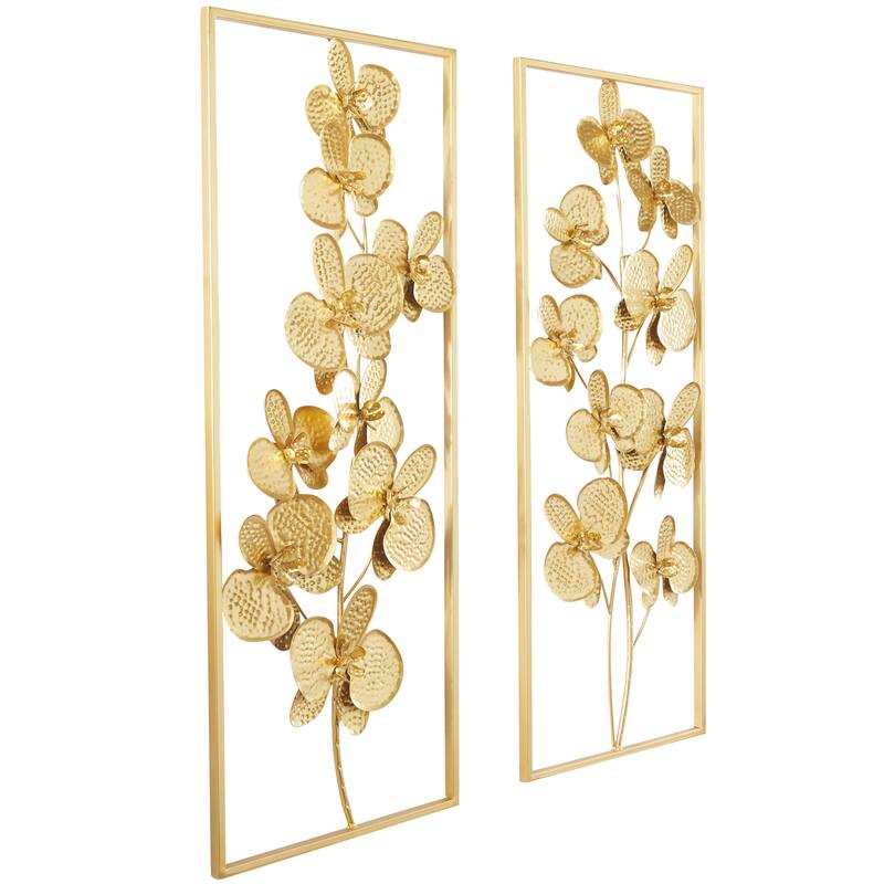 CosmoLiving by Cosmopolitan Gold Metal Orchid Floral Home Wall Decor with Gold Frame (Set of 2)