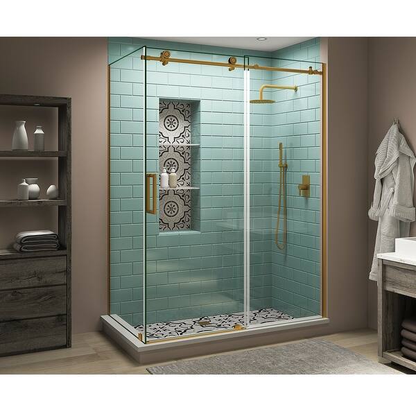 Coraline XL 44 in. - 48 in. x 34 in. x 80 in. Frameless Corner Sliding Shower Enclosure Clear Glass in Matte Black Right Coraline XL 44 in. - 48 in. x 34 in. x 80 in. Frameless Corner Sliding Shower Enclosure Clear Glass in Matte Black Right
