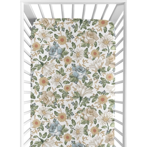 slide 2 of 6, Vintage Floral Blue Yellow Fitted Crib Sheet Girl Green Gold Orange Taupe Beige White Shabby Chic Flower Boho Bohemian Farmhouse