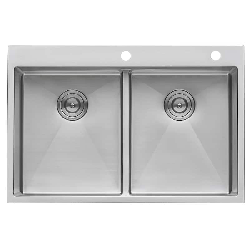 Ruvati 33 x 22 inch Drop-in 50/50 Double Bowl Tight Radius 16 Gauge Topmount Stainless Steel Kitchen Sink - RVH8051 - 8' x 11'