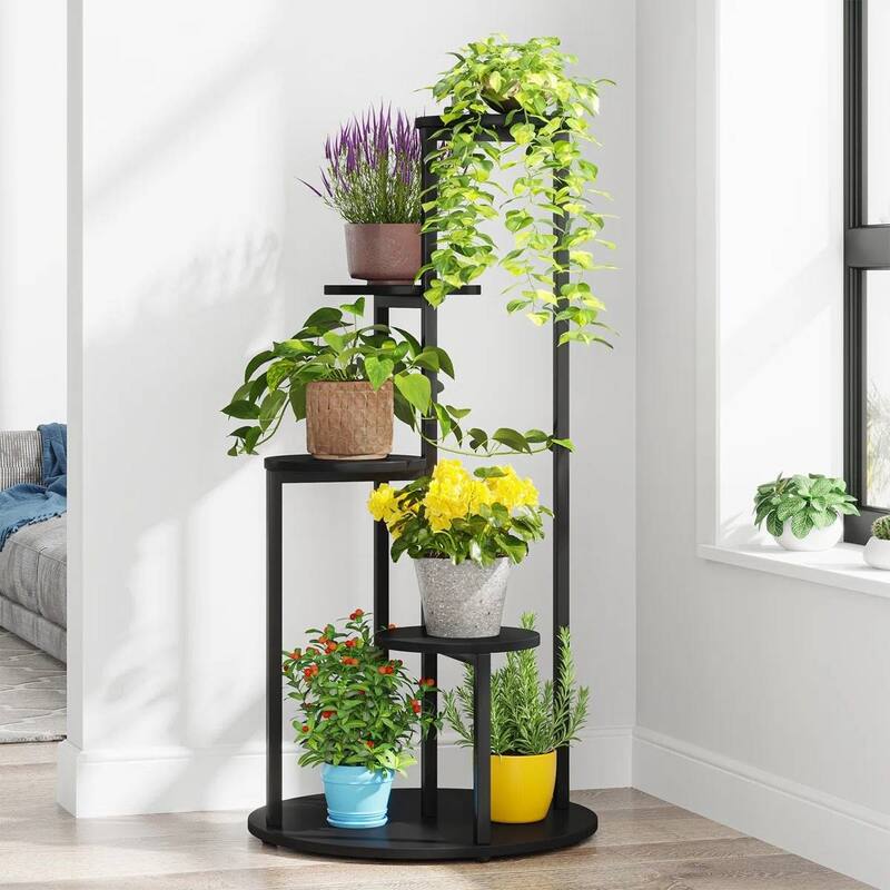 Black Wood Iron 5-Tier Round Indoor Plant Stand with Open Shelving Display - 19.68'' L X 19.68'' W x 40.94” H
