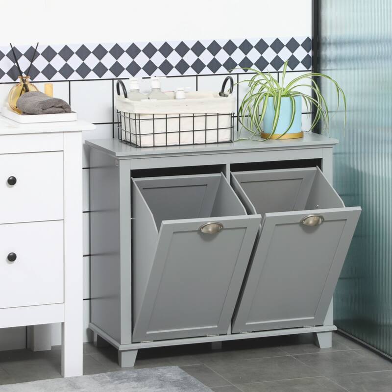 Bathroom Storage Organizer with Two-Compartment Tilt-Out Hamper, Gray