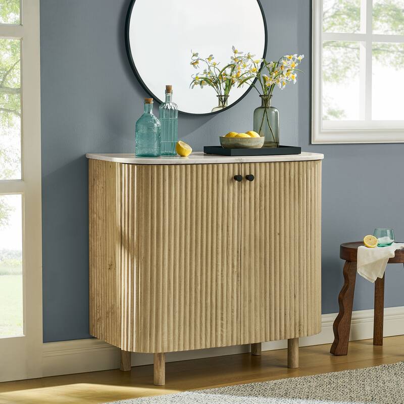 Caldera 33" Curved Solid Wood and Marble Accent Storage Cabinet - Natural