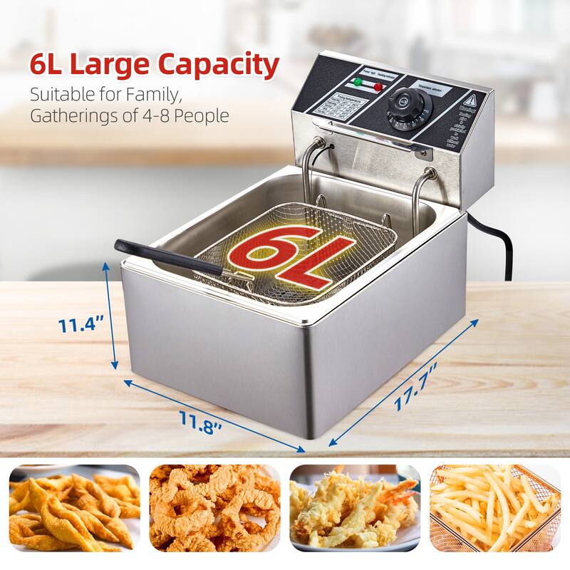 Commercial Stainless Steel Electric Deep Fryer with Basket and Lid - 6L