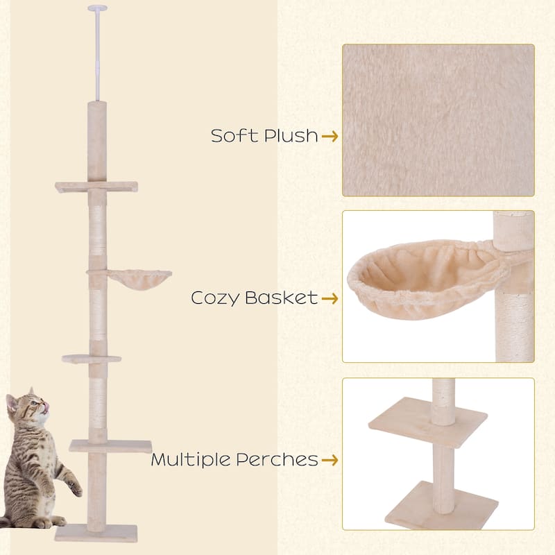 PawHut 8.5' Adjustable Height Floor-To-Ceiling Vertical Cat Tree with 5 Carpeted Platforms & 3 Sisal Rope Scratching Areas