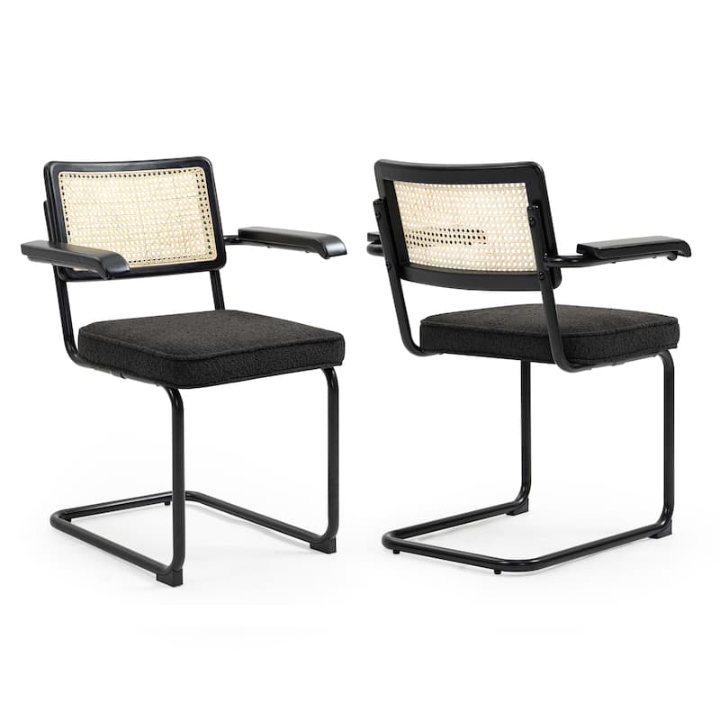 Set of 2 Azra Black Boucle Dining Chair with Rattan Backrest and Black Iron Legs