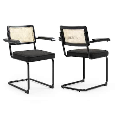 Set of 2 Azra Black Boucle Dining Chair with Rattan Backrest and Black Iron Legs