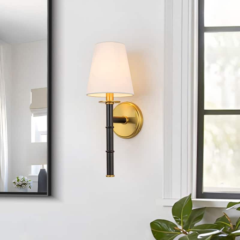 1-Light Aged Brass Fabric Tapered Shade Wall Sconce - Aged Brass