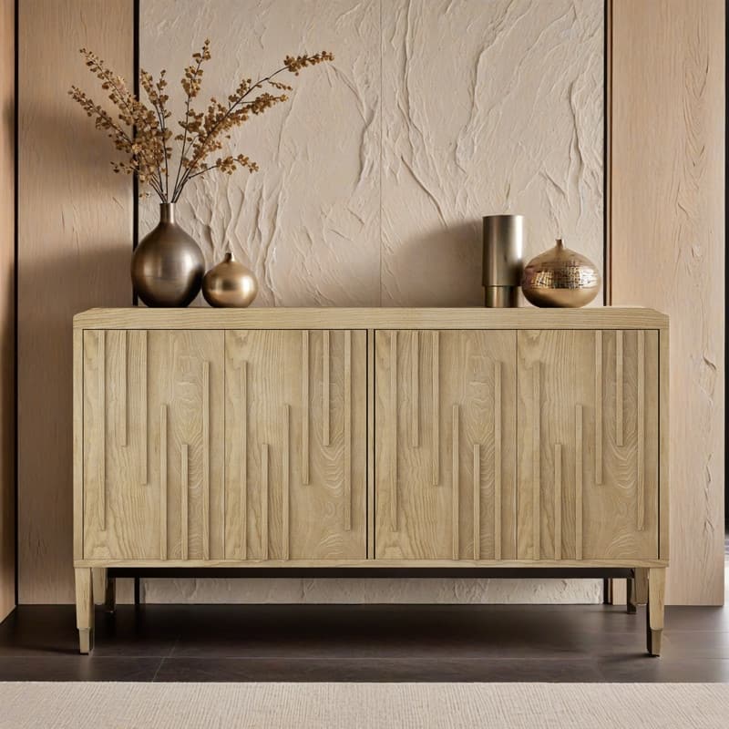 59.8" 4-Door Sideboard,Hidden Handle,Distinctive Solid Ash Veneer Buffet with Storage, Farmhouse Sideboard TV Stand