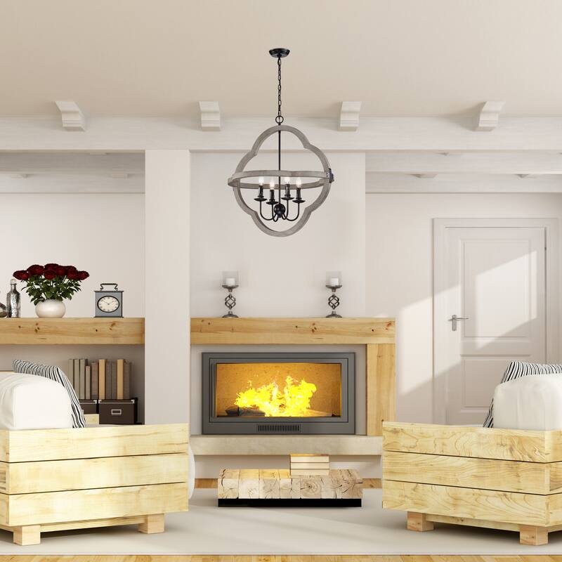 Distressed Slate Wood and Black 4-Light Candlestick Cage Chandelier