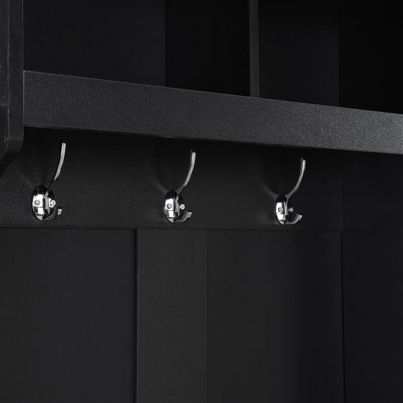 Minimalist Slim Hall Tree with Cabinet & 6 Hanging Hooks, Multi-functional Storage Bench with Coat Rack, Elegant Foyer Cabinet