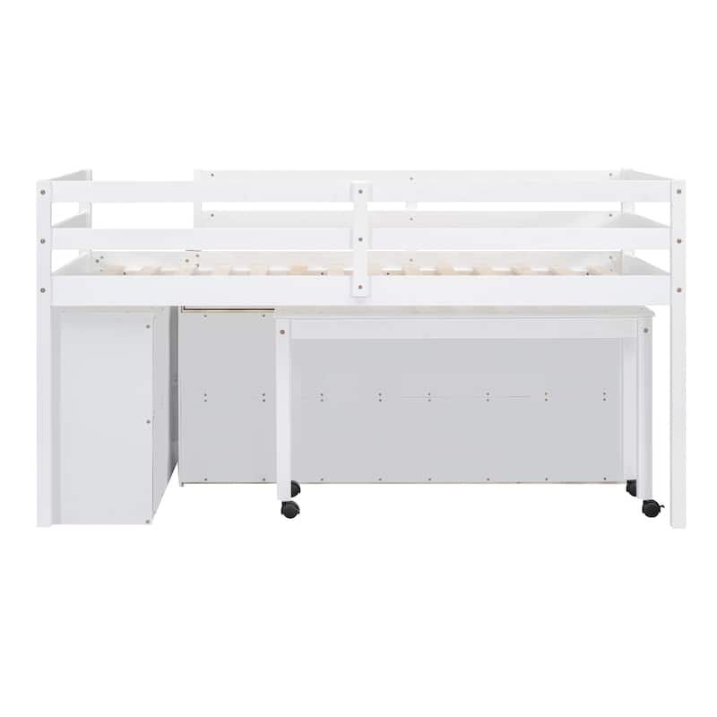Twin Size Solid Wood Loft Bed with Retractable Desk and Drawers