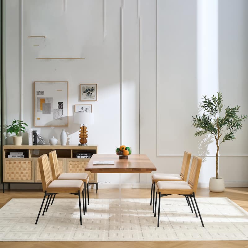 Dining Chairs Set of 2, Accent Linen Fabric Side Chairs with Rattan Backrest Metal Legs Kitchen Chairs for Dining Room