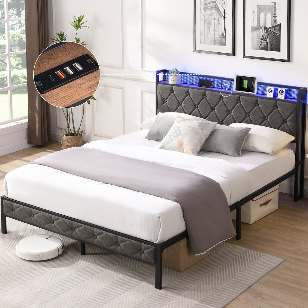 Full Bed Frame with Storage Headboard, Charging Station and LED Lights, Upholstered Platform Bed with Heavy Metal Slats