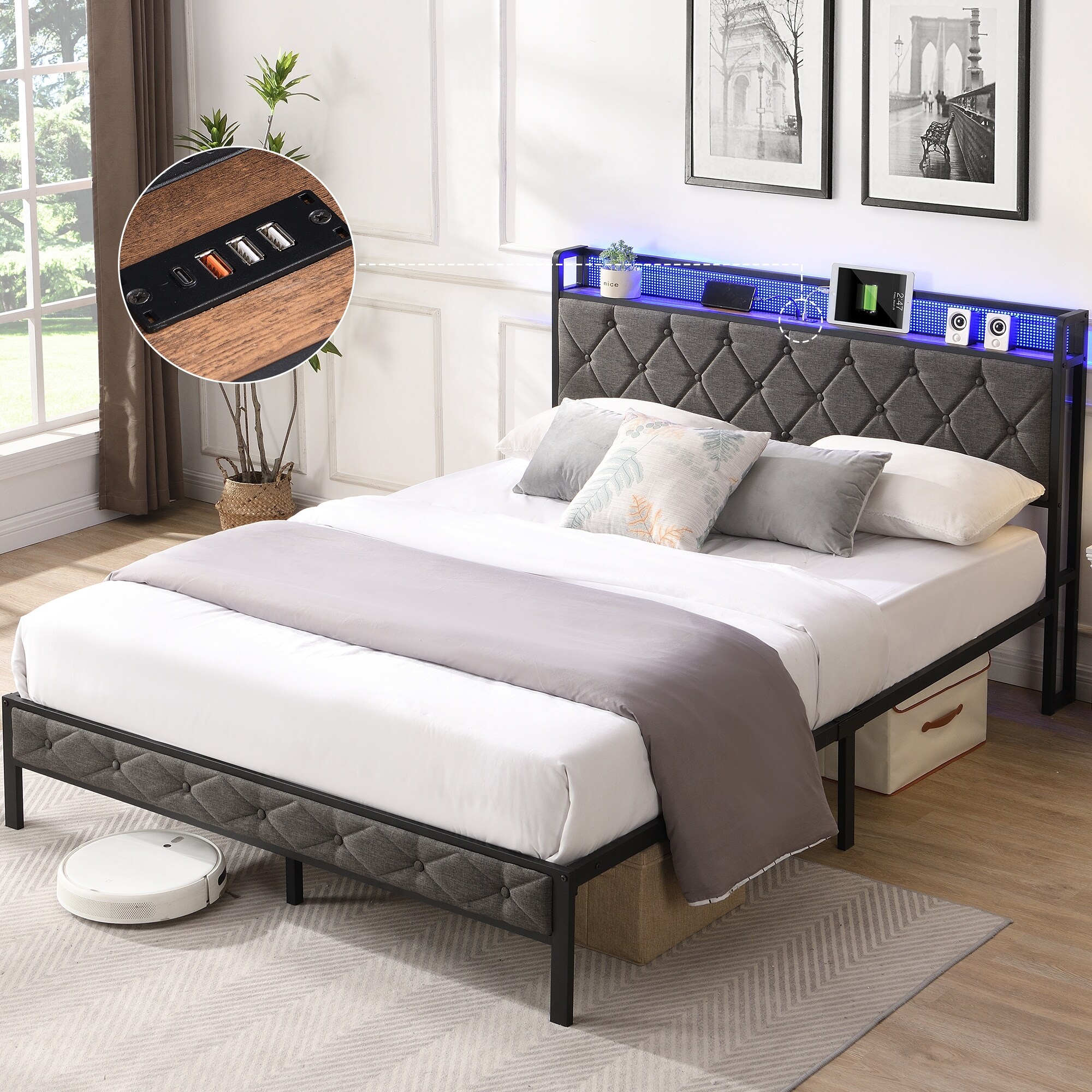 Upholstered Platform Bed Frame with Storage Headboard Charging Station and LED Lights with Heavy Metal Slats Bed Bath Beyond 39509587