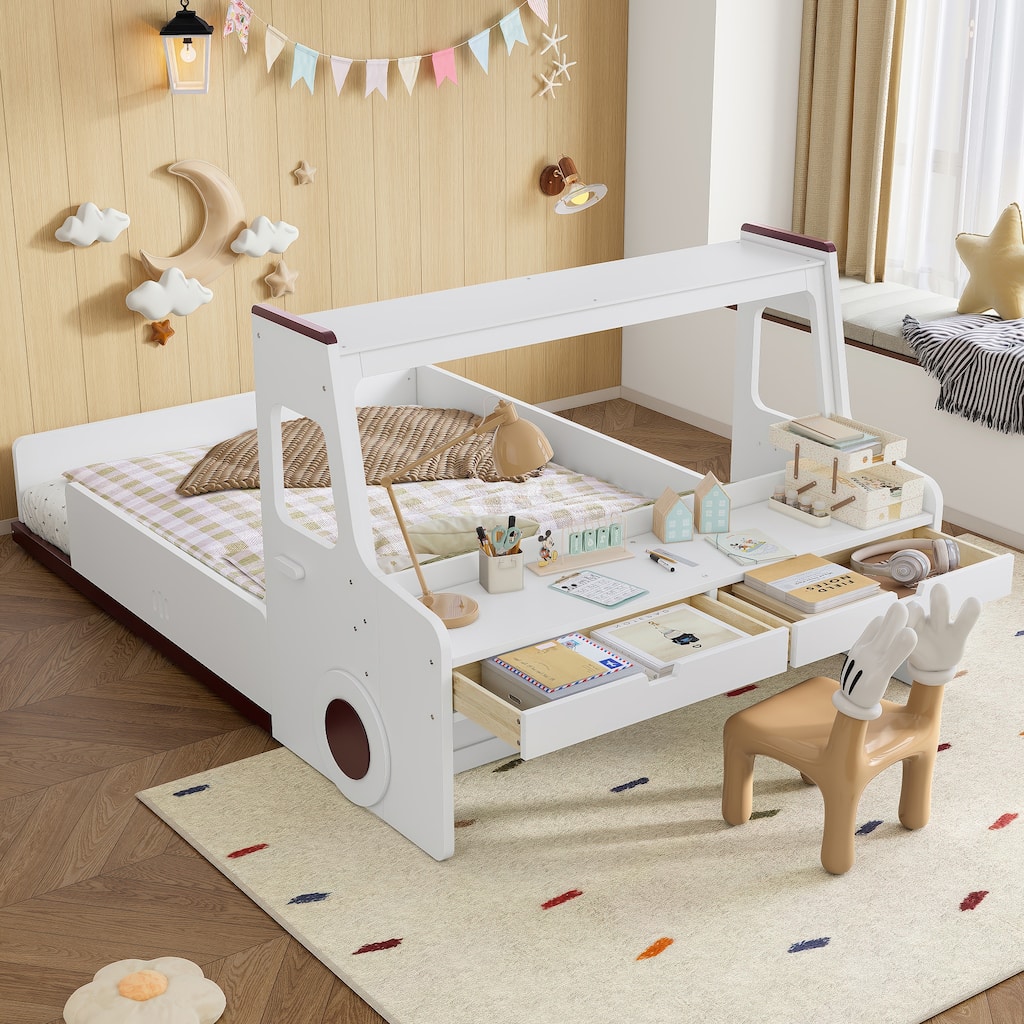 Childlike Wooden Platform Bed Interesting Car-shaped Floor Bed Frame with Storage Drawers, Desk, Open Top Shelf and Headboard