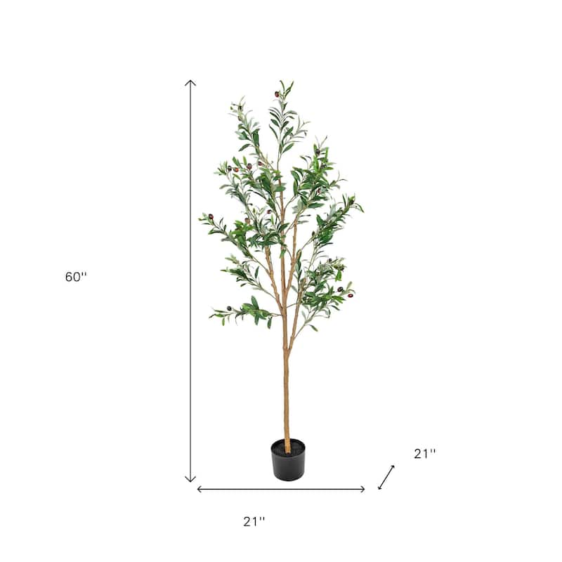 HomeRoots 60" Green Olive Artificial Tree in a Black Pot - 21.00 in. x 60.00 in. x 21.00 in.