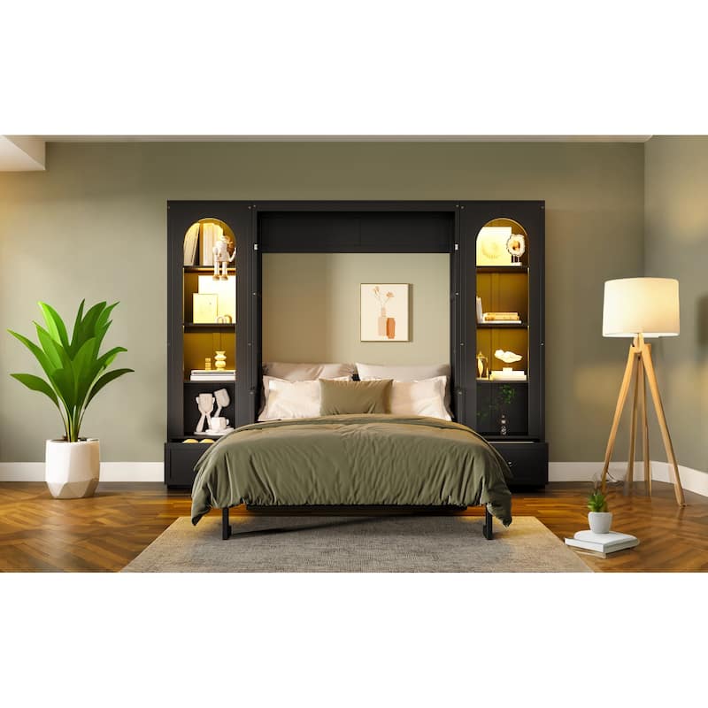 Queen Size Murphy Platform Bed with Shelf, Side Cabinets, Drawers and LED