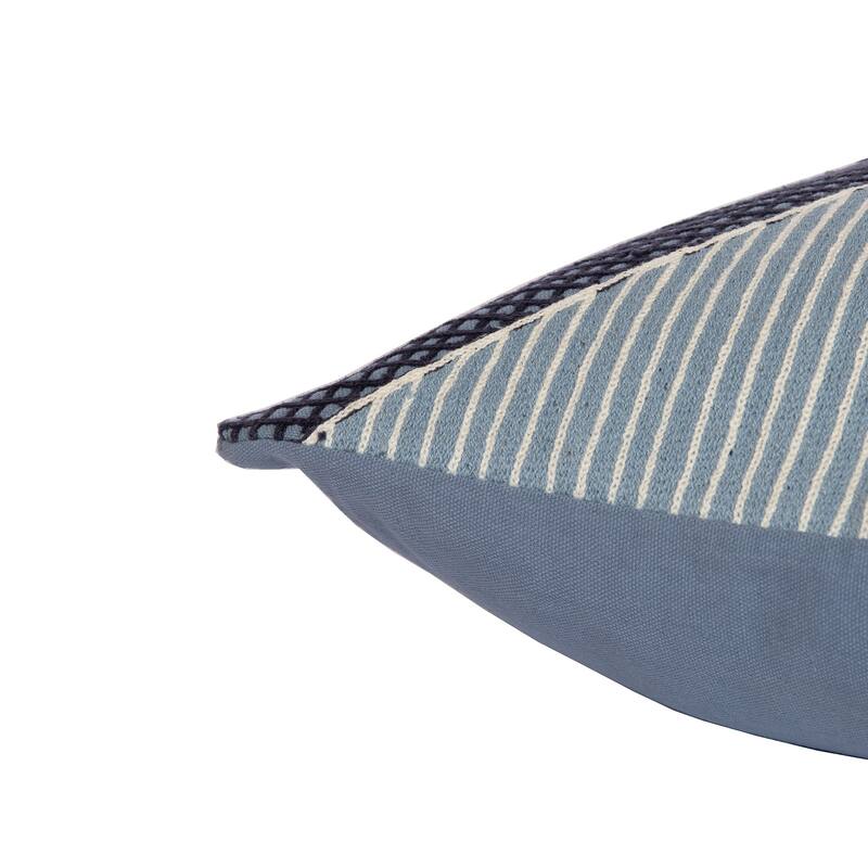 Handwoven Striped Embroidered Cotton Throw Pillow - 24" - Blue and White