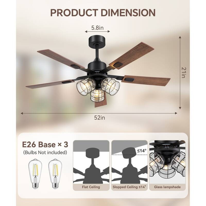 52-inch Industrial Ceiling Fan with Remote and Light (5 Reversible Blades）