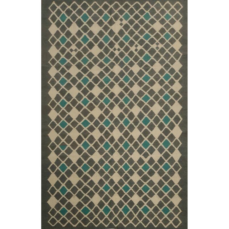 Hand Woven Oriental 100% Wool Carpet Southwestern Tribal Greys & Charcoal Kilim Area Rug - 9' 9'' X 6' 9''