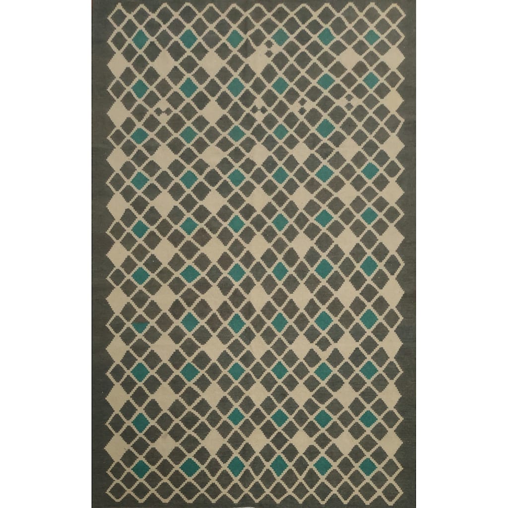 Hand Woven Oriental 100% Wool Carpet Southwestern Tribal Greys & Charcoal Kilim Area Rug - 9' 9'' X 6' 9''
