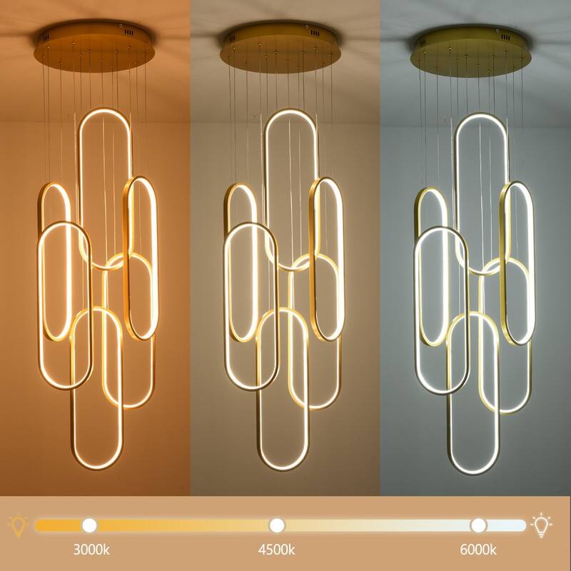 6 Rings Modern Chandelier, LED Black Large Contemporary Light for Staircase, Dimmable High Ceiling Chandeliers