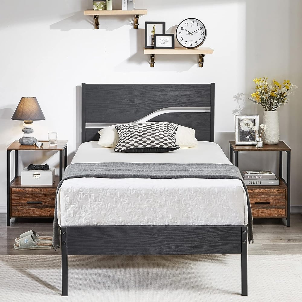 VECELO Beds Industrial Platform Bed Frame MDF Headboard with Curved Cutout Stable No Box Spring Bed Frame
