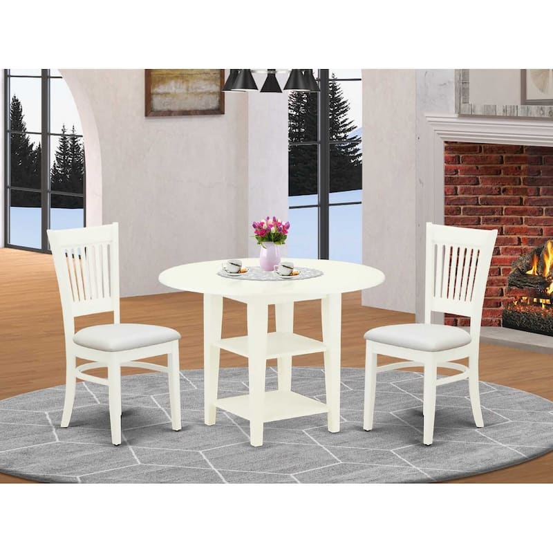 HomeStock 3-Pc Linen White Finish Round Solid Wood Top With Dropleaf Dining Table Set