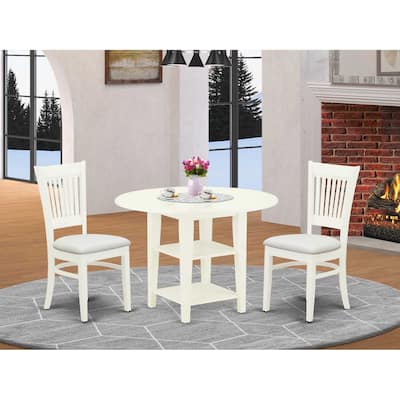 HomeStock 3-Pc Linen White Finish Round Solid Wood Top With Dropleaf Dining Table Set