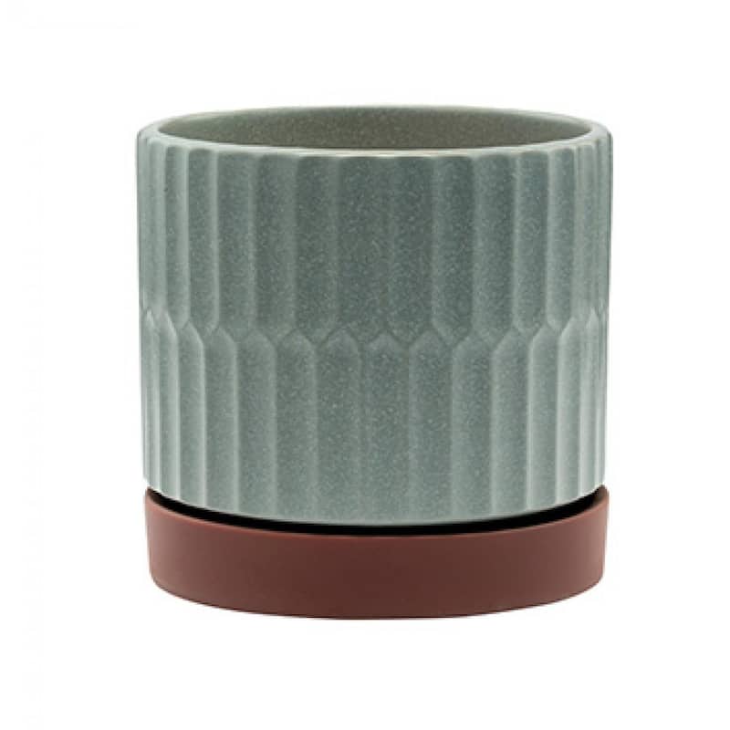 Gray Ribbed Pot With Brown Saucer Planter