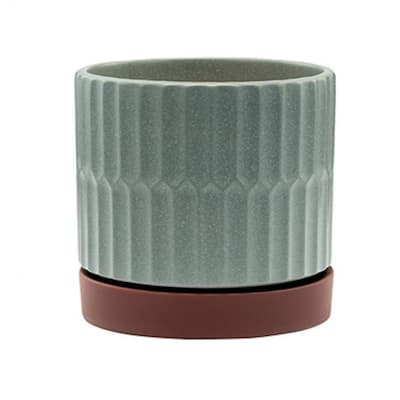 Gray Ribbed Pot With Brown Saucer Planter