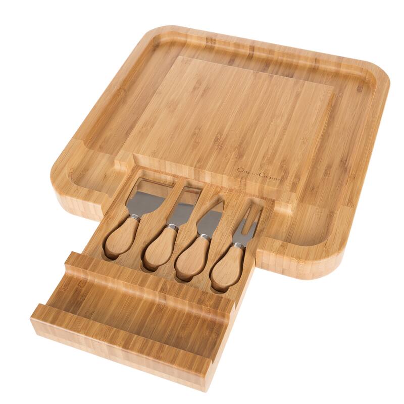 Bamboo Cheese Serving Tray - Eco-Friendly Charcuterie Board with 4-Piece Stainless-Steel Cutlery Set by Classic Cuisine (Tan) - Tan - 4 Piece