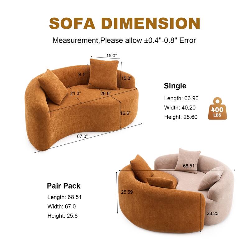 Yin-Yang Design Single Chaise Couch S-curved Chenille Sofa, Purchase 2pc for Combination into Tai Chi Round Sleeper Sofa Bed